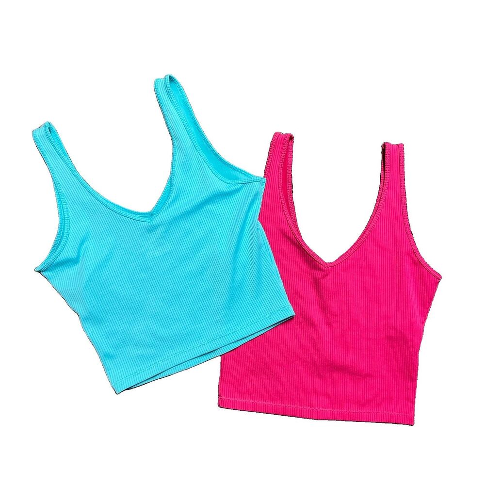 Bundle of Two Hollister Soft Stretch Seamless Crop V-Neck Tops Size S Pink Blue